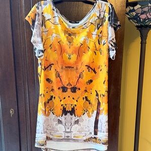 Vibrant Orange Yellow Gray Taupe Abstract Print Tunic
